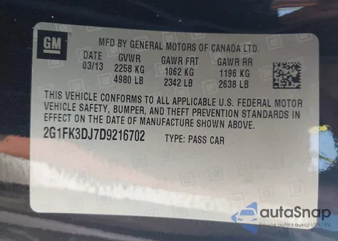 2013 Chevrolet Camaro 2Ss из США, поврежденный, VIN 2G1FK3DJ7D9216702